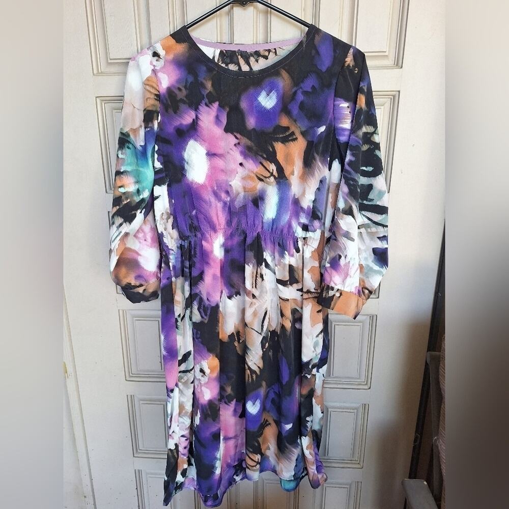 Abstract Print Dress SzM Long Sleeves/Cuffs Elastic Waist Round Neck